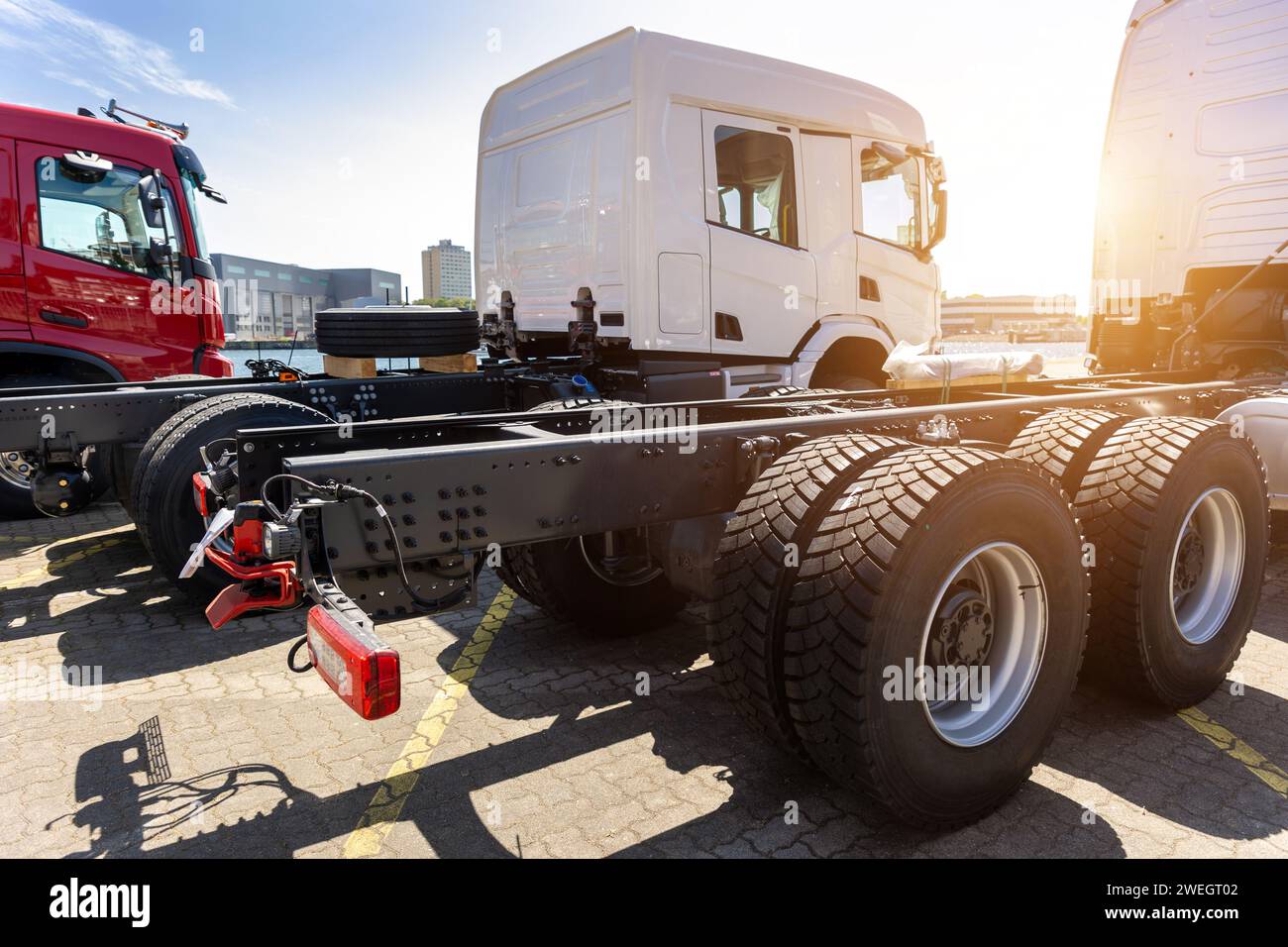 Back view many new heavy commercial cargo transport vehicles stand at