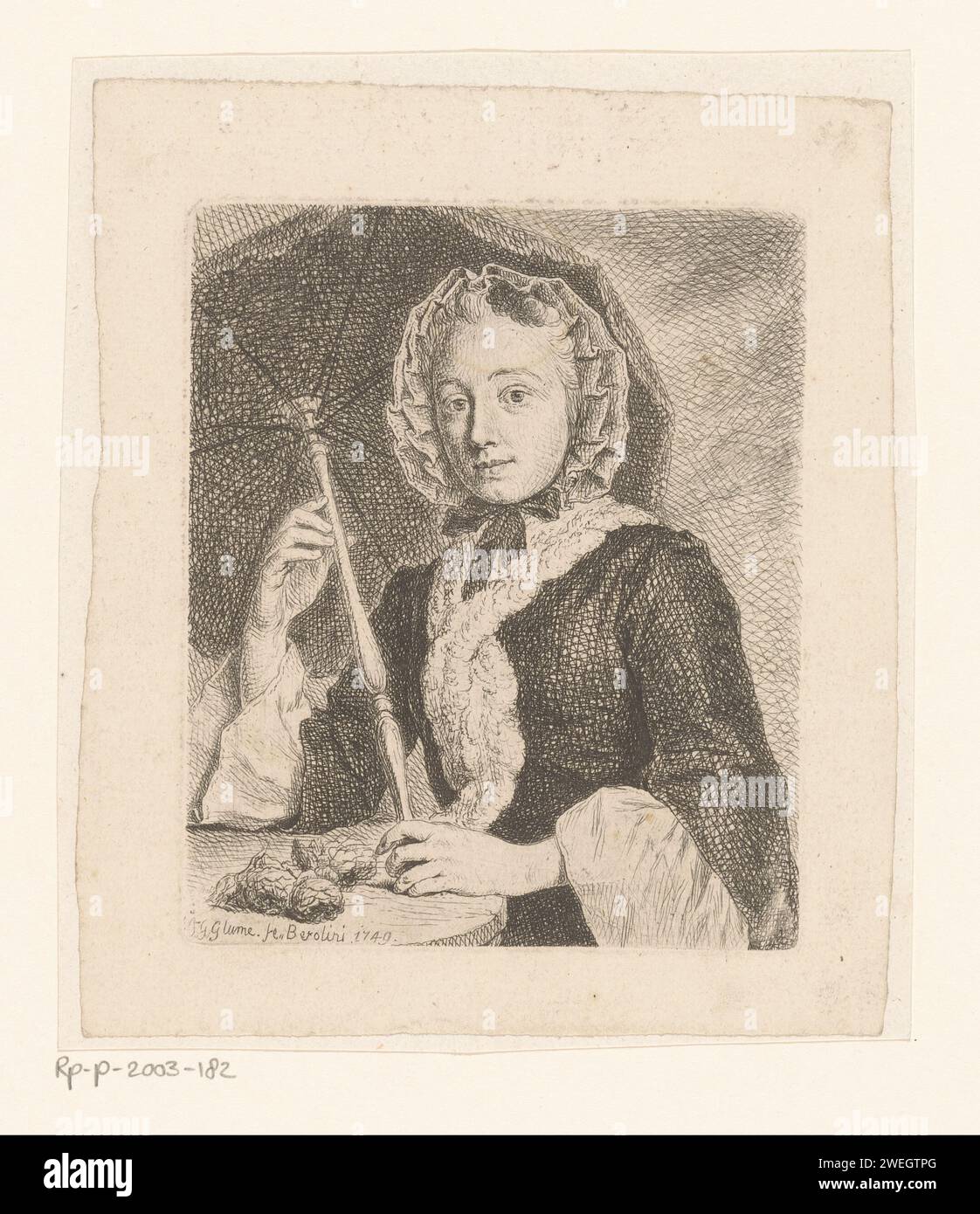 Woman with parasol, 1749 print Portrait of Charlotte Dorothea, born Copcovius (1724-1776), as a young woman with a hat on the head, parasol in hand, standing at a round table. She was the wife of Friedrich Christian Glume, the brother of the artist. After his death in 1753, a few years after the print appeared, she remarried with his other brother Carl Philipp.  paper etching umbrella Stock Photo