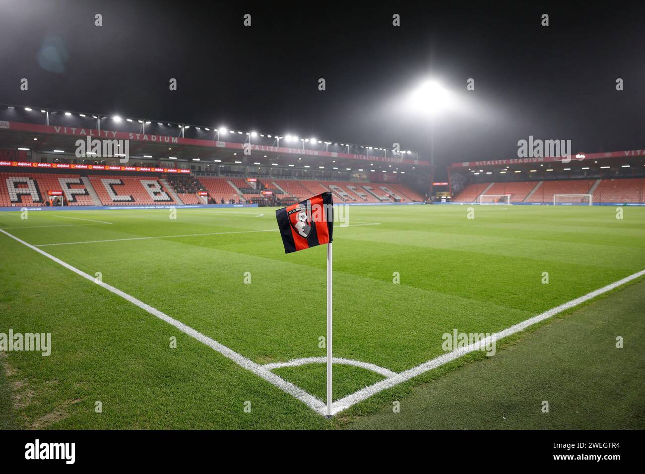 Vitality Stadium, Boscombe, Dorset, UK. 25th Jan, 2024. FA Cup Fourth Round Football, AFC Bournemouth versus Swansea; A view of Bournemouth crest on the corner flag Credit: Action Plus Sports/Alamy Live News Stock Photo