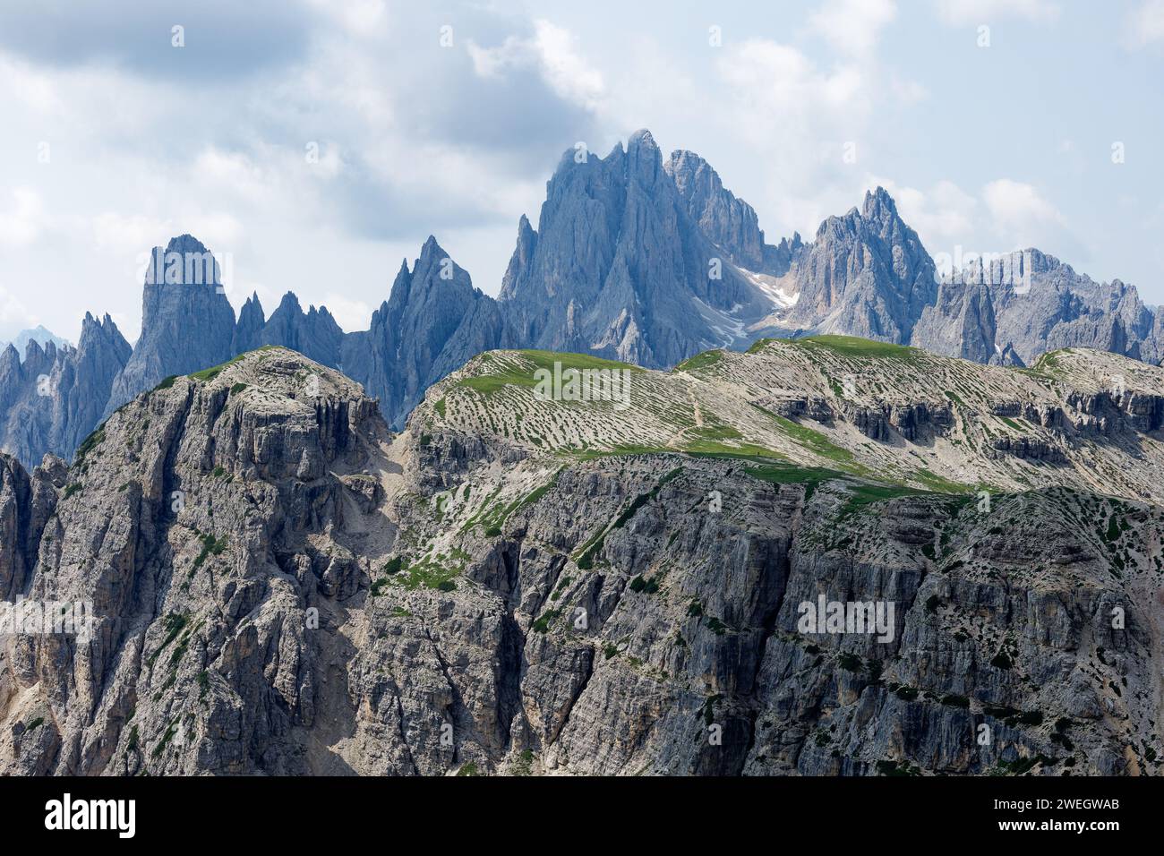 View of Cadini di Misurina mountains in Dolomites, Italy. Stock Photo