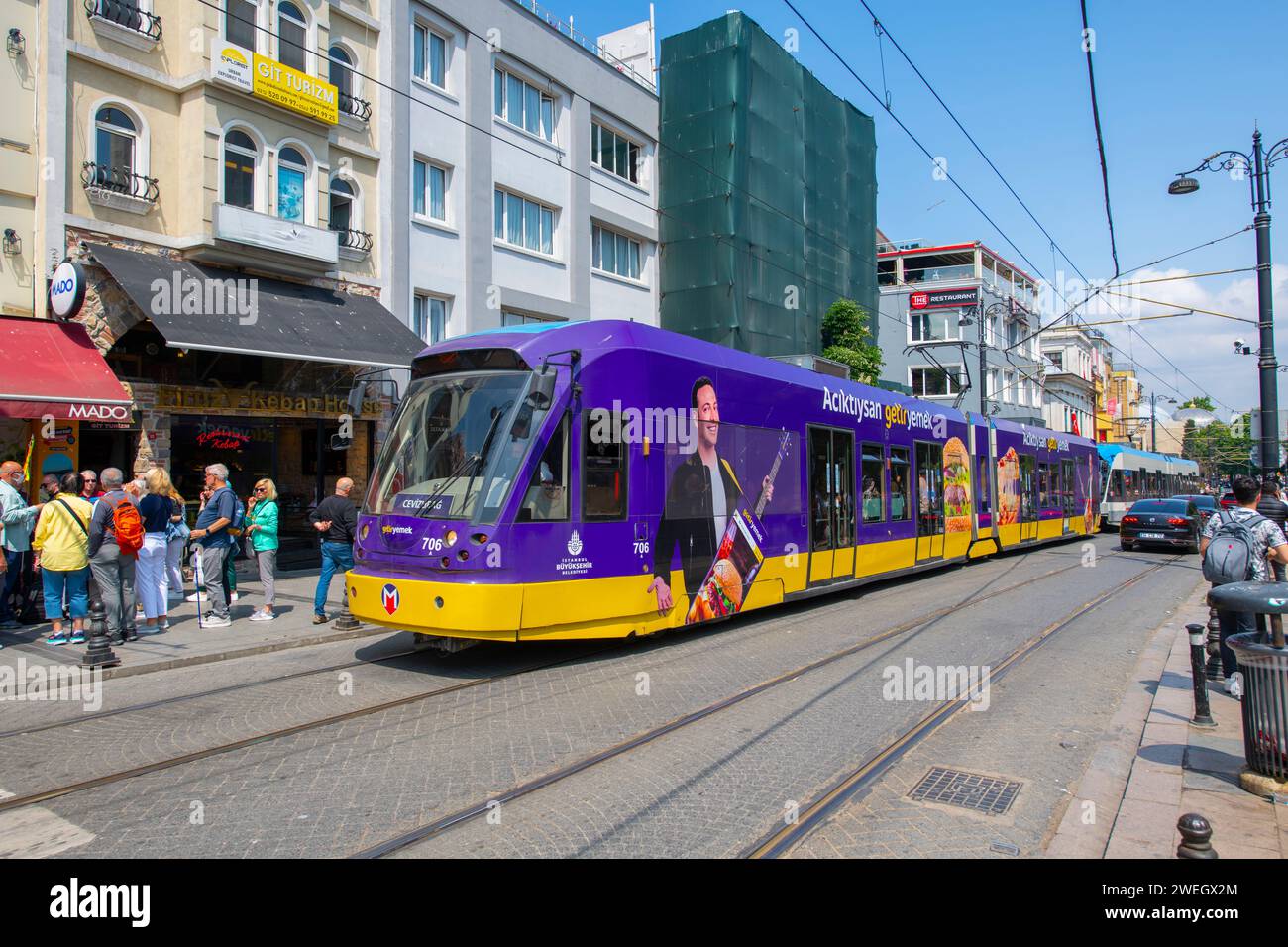 Istanbul Tram T1 line Bombardier Flexity Swift A32 on Divan Yolu Caddesi Avenue in Fatih near Sultanahmet Station in Istanbul, Turkey. Stock Photo