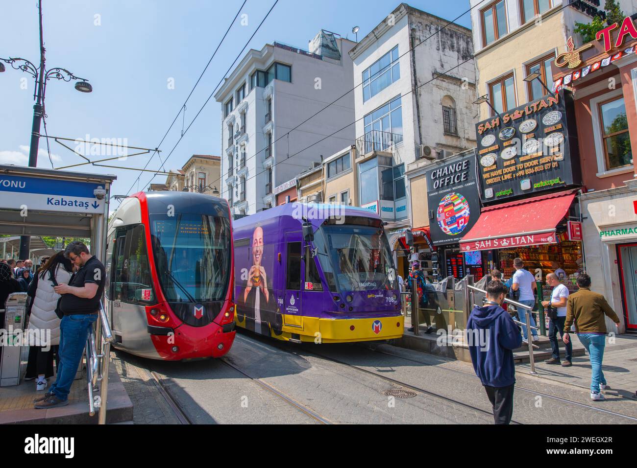 Istanbul Tram T1 line Bombardier Flexity Swift A32 and Alstom Citadis X04 on Divan Yolu Caddesi Avenue in Fatih near Sultanahmet Station in Istanbul, Stock Photo