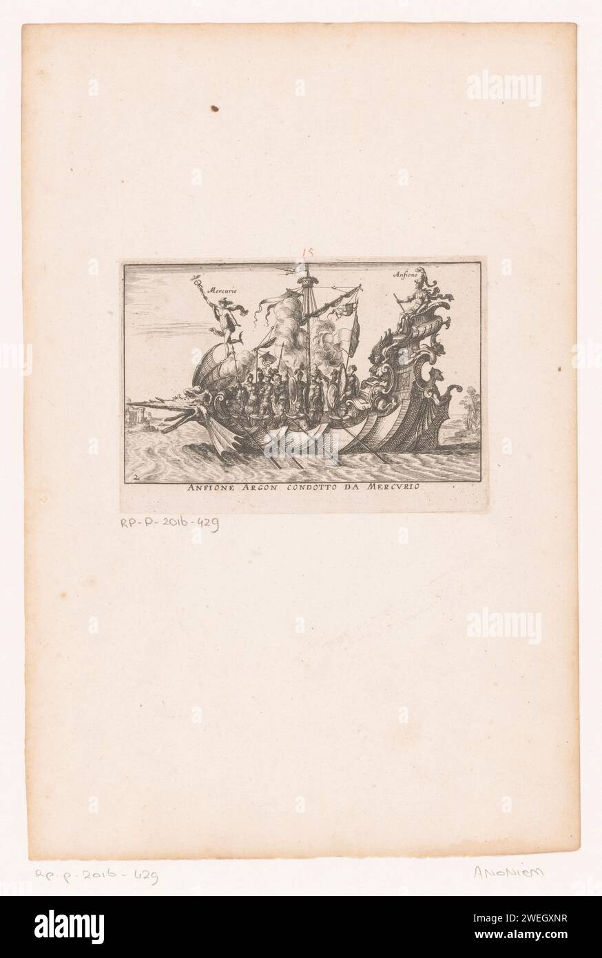 Schip met Mercury en Amphion, anonymous, after Remy Cantagallina, after Giulio Paris, 1624 - 1631 print A ship with a dragon head as a bow with Mercury on a dragon wing, Amphion is on the stern.  paper etching ships (in general). the story of the Argonauts: the quest for the Golden Fleece. (story of) Mercury (Hermes). (story of) Amphion and Zethus Stock Photo