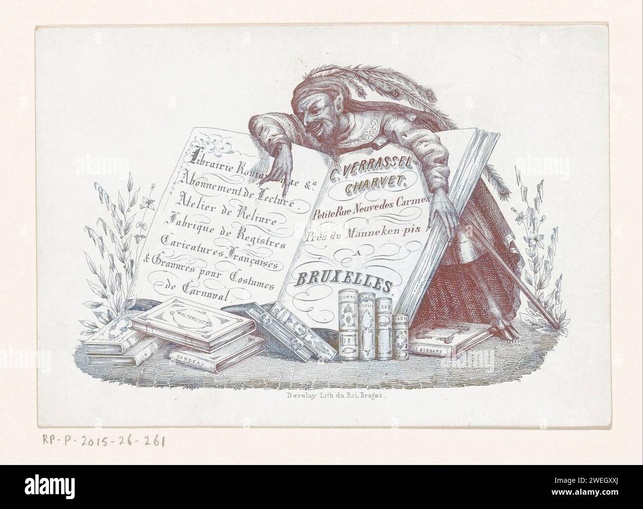 Business card from Boekhandel C. Verrassel -Charvet in Brussels, Before 1842 - 1894 print. porcelain card A open book, held up by a satyr with a beret with peacock springs and a stick. There are several books on the ground, among others Walter Scott, Dumas and Sandeau. According to the advertisement, customers can go to the bookstore for novels, subscriptions, having books binding, cash books, caricature prints and prints for carnival costumes.  .  book-shop, bookseller. satyr(s) (in general). book Brussels Stock Photo