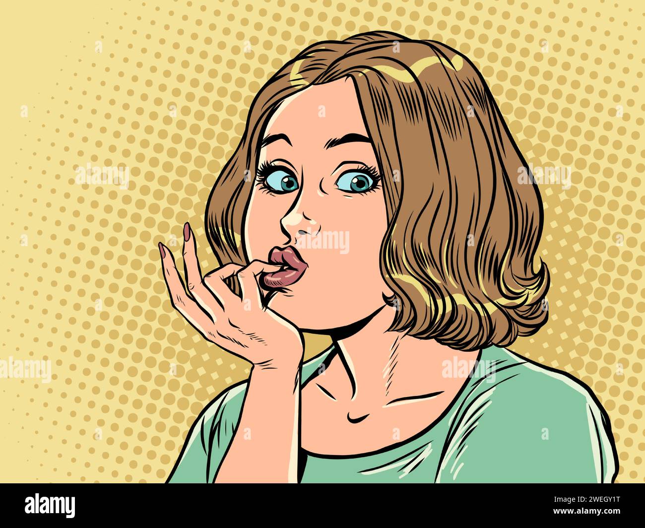The personal care salon offers an interesting offer. The girl with an astonished look holds her fingers next to her lips. Surprise by unexpected infor Stock Vector