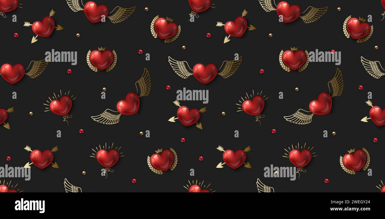 Valentine's Day love seamless pattern on black background. Glossy red ...