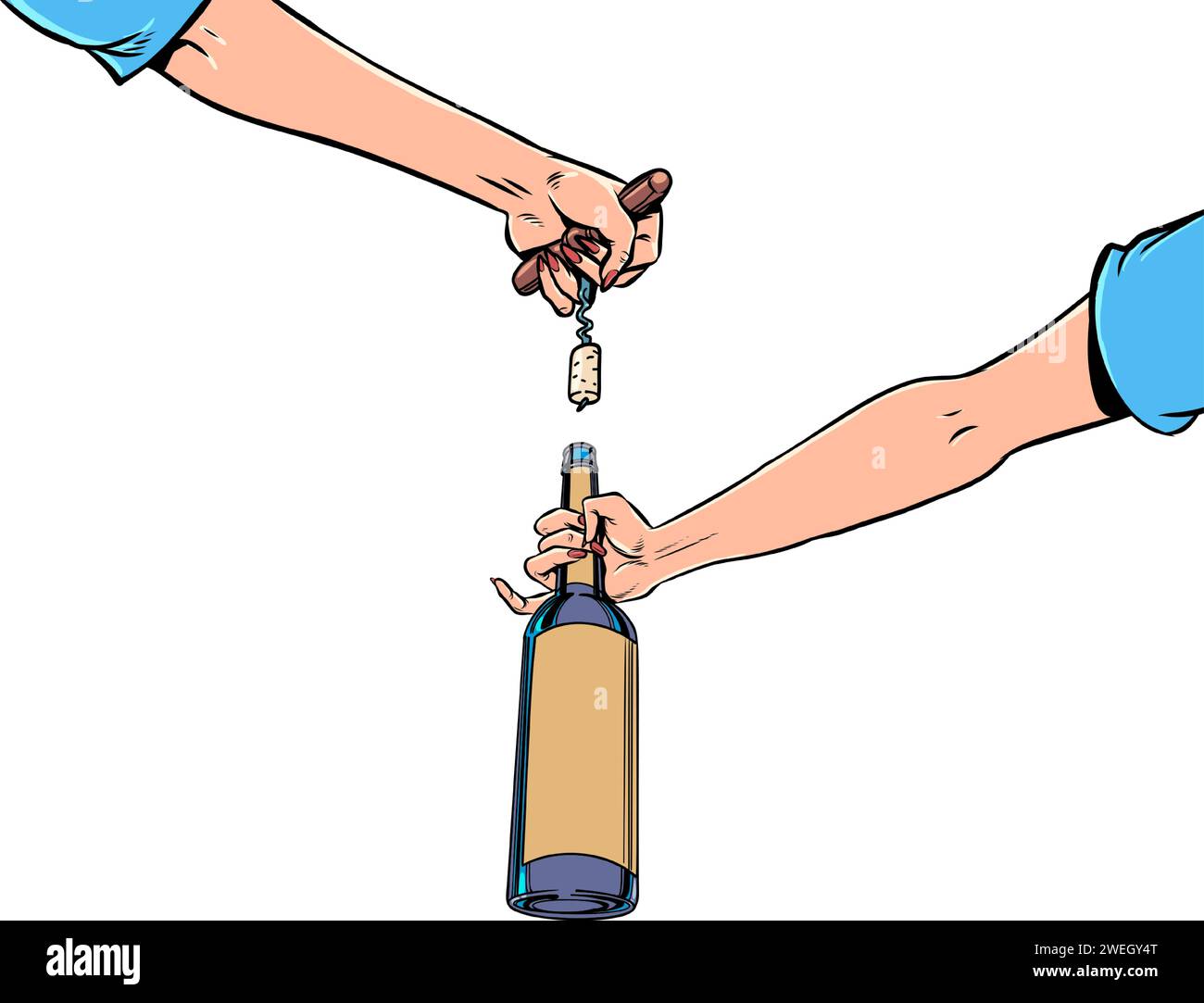 Female hands open a bottle cap. Unique drinks from all over the world in the restaurant. Interesting offers of alcoholic products. Comic cartoon pop a Stock Vector