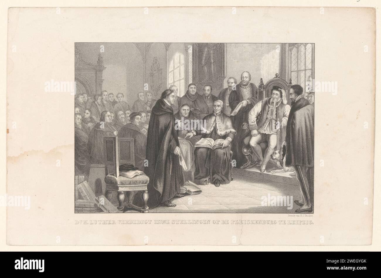 Luther defends his positions in Leipzig, 1519, Anonymous, Hilmar Johannes Backer, 1822 - 1845 print The debate in Leipzig with Luther, Melanchthon, Karlstadt and Eck. In the presence of George, Duke of Saxony. The Debatten Vonen place June-Juli 1519 in Pleißenburg Castle in Leipzig.  paper  protestant confessions. disputing theologians Leipzig Stock Photo