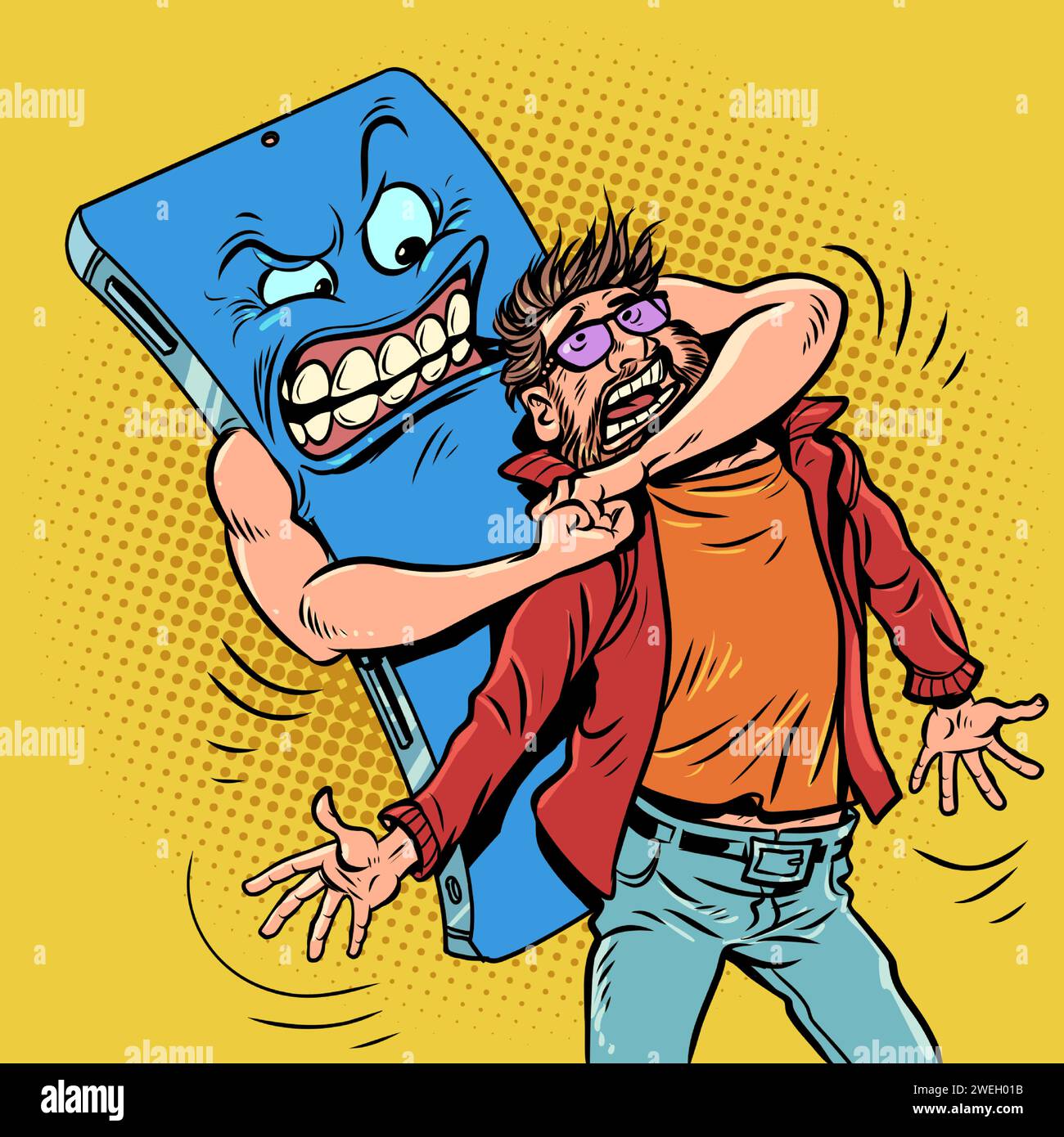 Bad habits harm a person. Humanity's dependence on modern technology. The phone is strangling a man with glasses. Comic cartoon pop art retro vector i Stock Vector