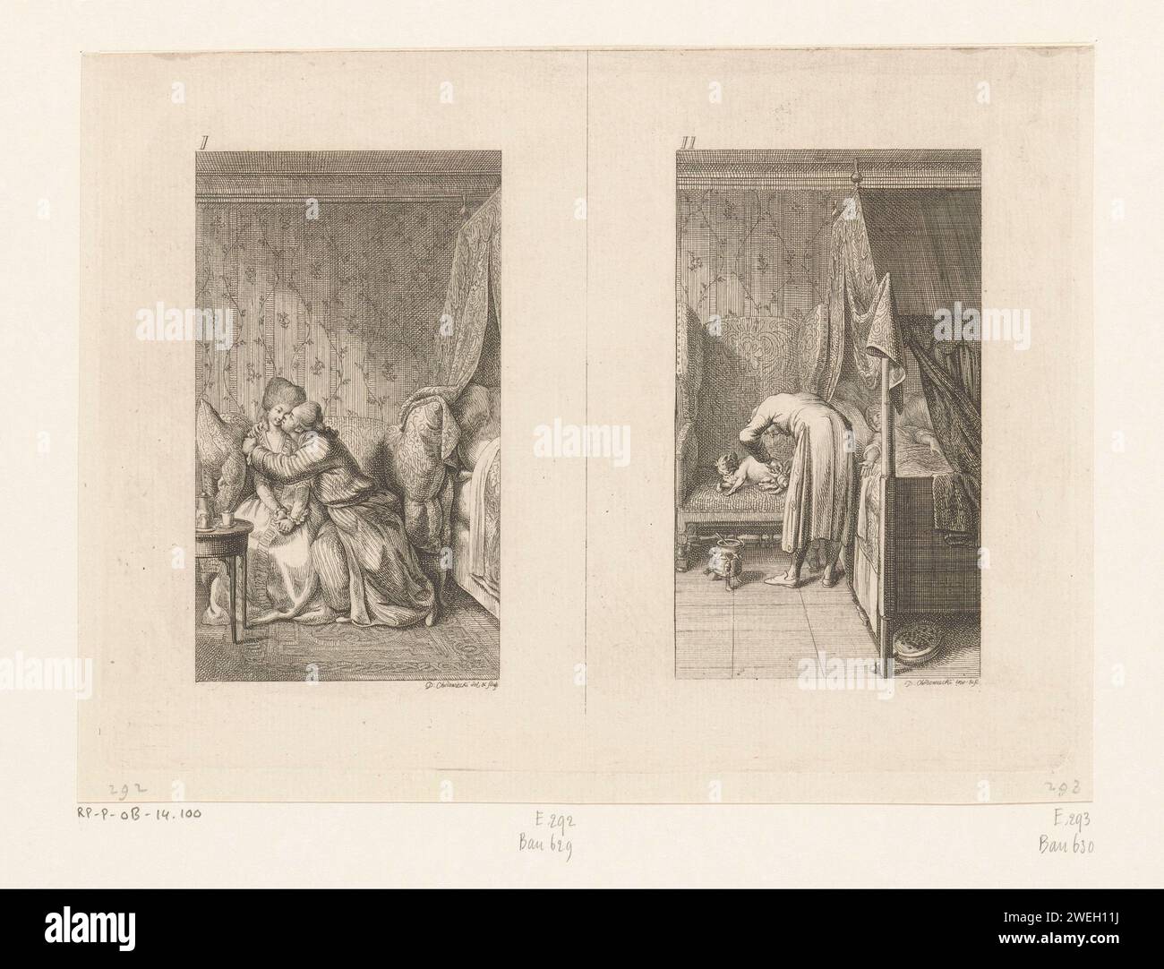 Peter Marks with his first and his second wife, Daniel Nikolaus Chodowiecki, 1779 print On the left, nineteen -year -old Peter Marks kisses his first wife. On the right, Peter Marks provides the pug of his second wife, who lies sickly next to him in bed. Numbered: I and II.  paper etching (lovers) kissing each other. sick-bed. dog Stock Photo