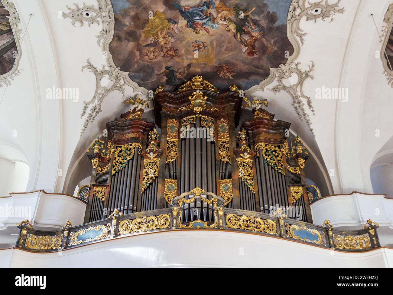 Schwyz, Switzerland - 09 February 2022: The Organ register of the Catholic parish church of St. Martin - a late Baroque hall church in the city Schwyz Stock Photo