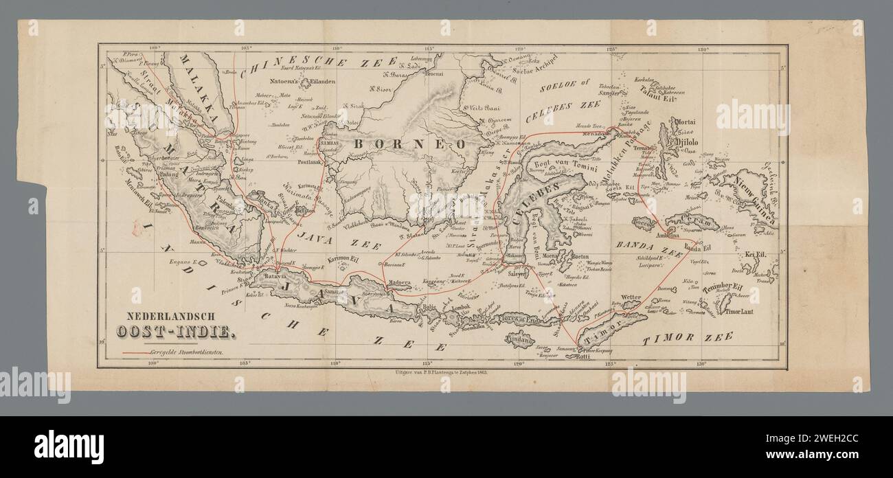 Map of Indonesia with the steamboat services indicated on it, Anonymous, 1863 print   ink. paper engraving / pen maps of separate countries or regions. steamship, motorship Dutch East Indies Stock Photo