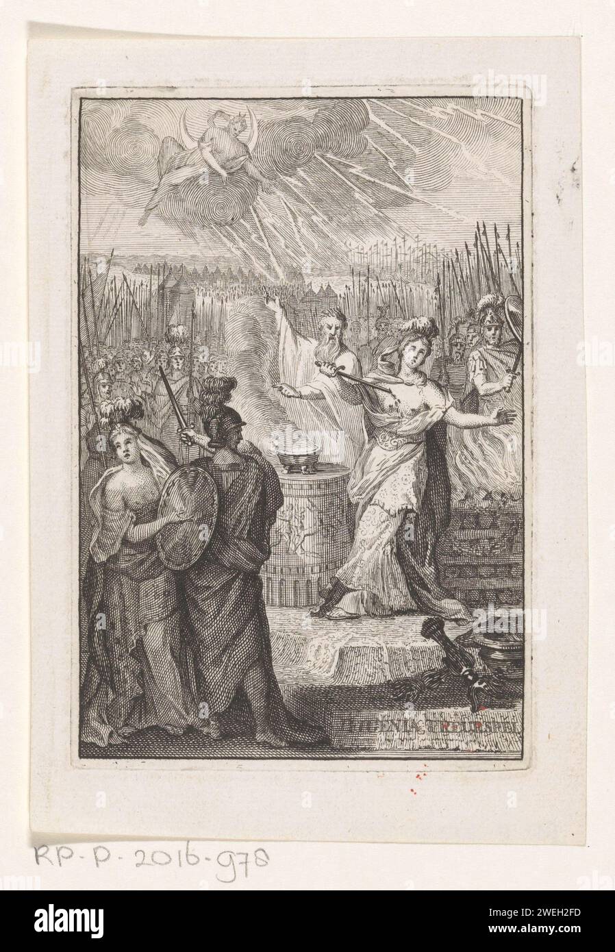 Offer van Iphigenia, anonymous, 1715 print The high priest Kalchas is about to sacrifice Ihpigenia to Diana. Iphigenia stands next to him and puts a sword in her chest. Soldiers and spectators are all around. Diana looks sitting on a thunder cloud.  paper etching the sacrifice of Iphigenia Stock Photo