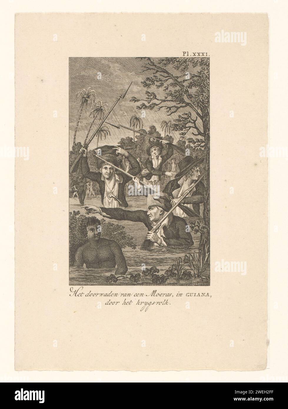 Colonel Henry Louis Fourgeoud, fords with his men a swamp, Anonymous, 1799 print Numbered at the top right: pl. Xxxi.  paper etching / engraving exploration, expedition, voyage of discovery. slavery; serfs and the enslaved. historical persons Suriname. Guyana Stock Photo