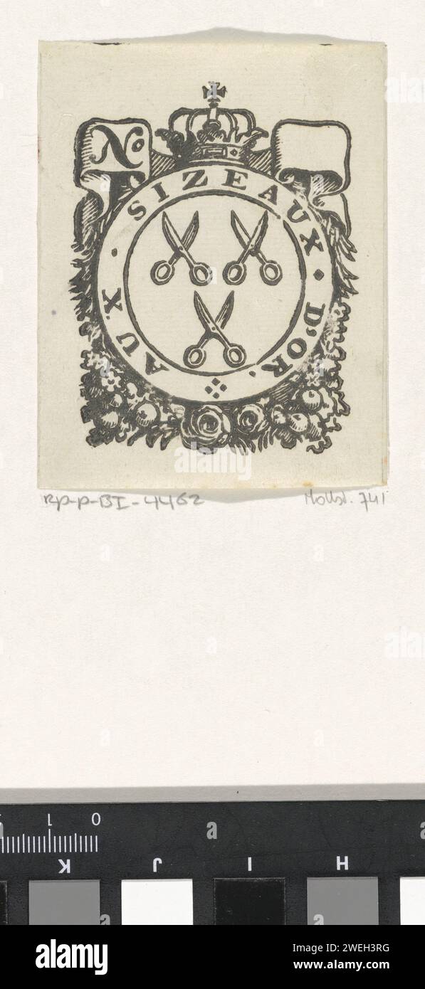 Trade label with three scissors and a crown, Isaac Vincentsz. van der Vinne, c. 1681 1740