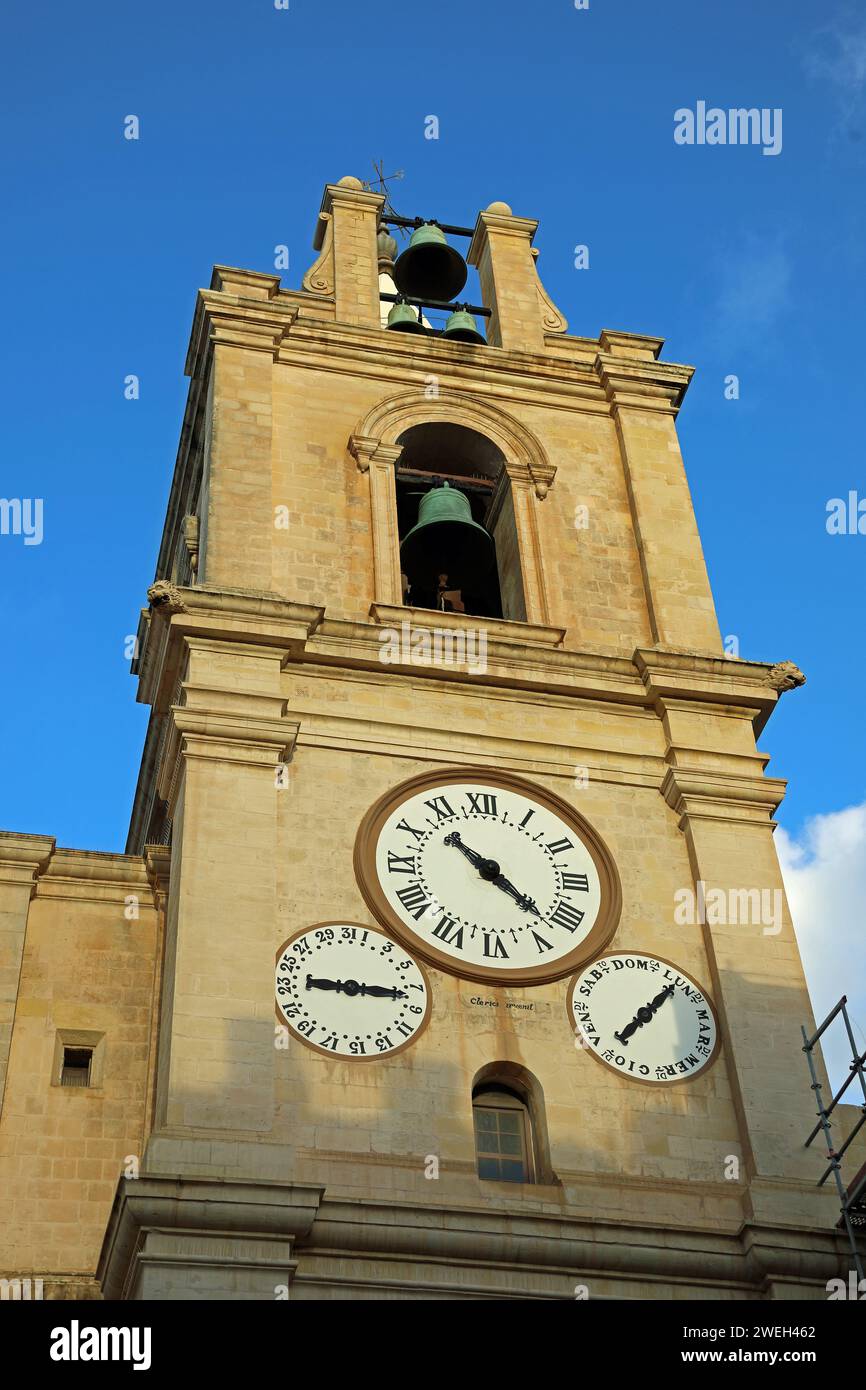 Unusual bell tower of Valletta Cathedral with three clocks Stock Photo