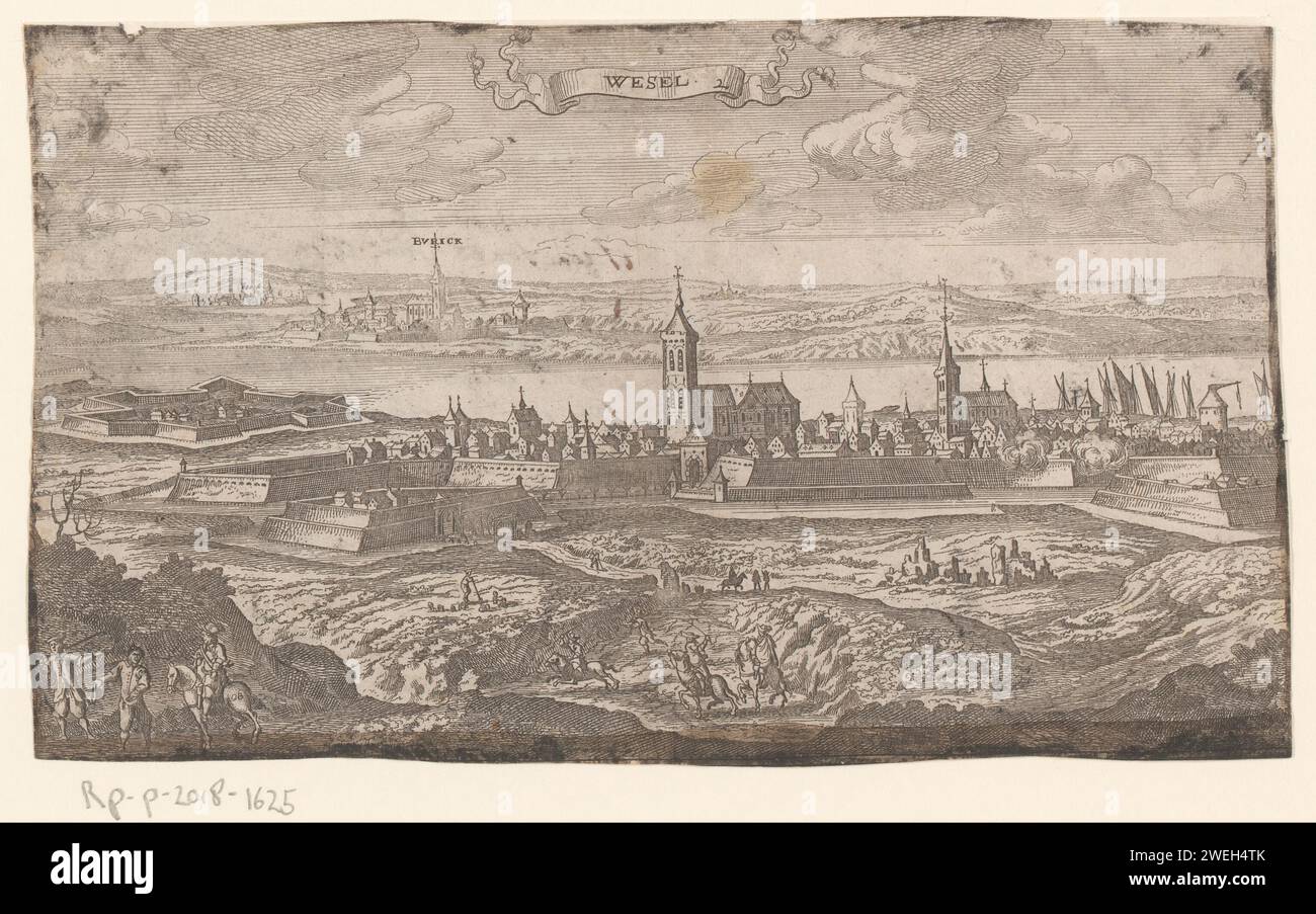 View of Wesel, Gaspar Bouttats, After Jan Peeters (1624-1678), 1675 print   paper etching prospect of city, town panorama, silhouette of city Wesel Stock Photo