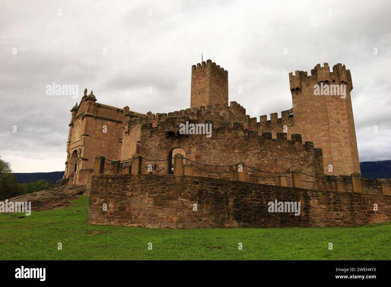The Castle of Xavier is located on a hill in the town of Xavier , 52 km east of Pamplona and 7 km east of Sangüesa Stock Photo