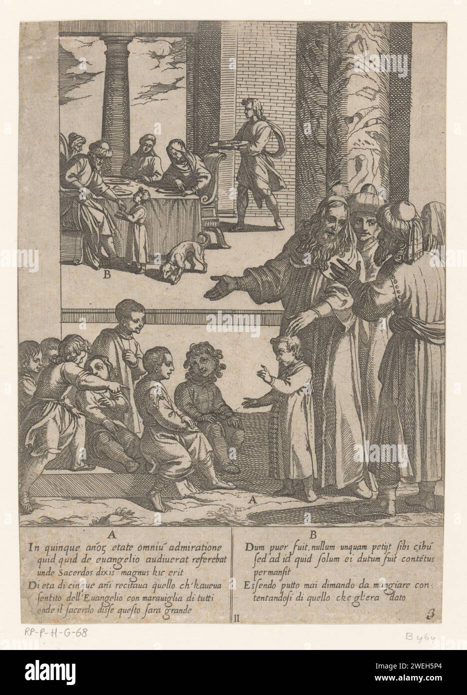 At the age of five, H. Antonius shows his knowledge of the gospels, Antonio Tempesta, After Niccolò Circignani, After Giovanni Battista Lombardelli, 1598 print In the foreground De Jonge Antonius who shares his knowledge of the gospels with a group of children. In the background Antonius in a group of adults at a table. Italian and Latin text in two columns in the lower margin.  paper etching the hermit Antony Abbot (Antonius Abbas) of Egypt, also called the Great; possible attributes: bell, book, T-shaped staff, flames, pig Stock Photo