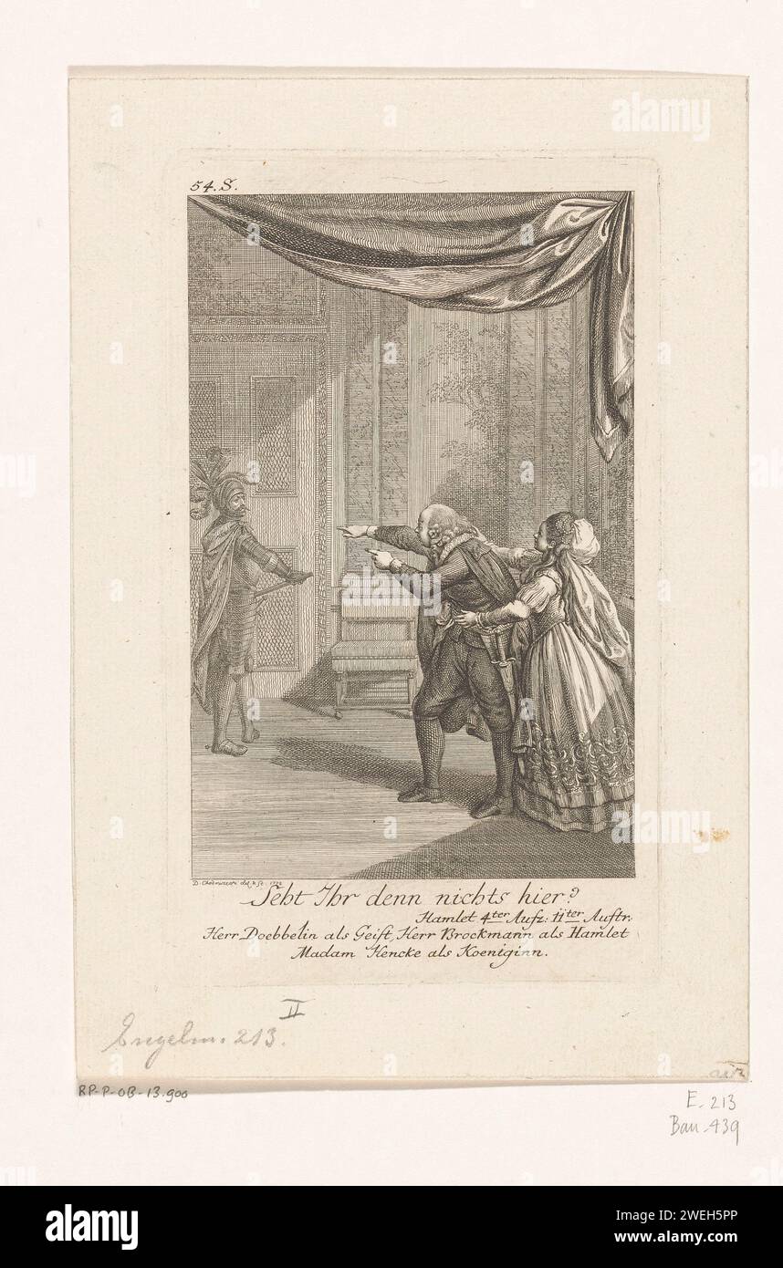 Spirit appears to Hamlet and his mother, Daniel Nikolaus Chodowiecki, 1778 print In the foreground Hamlet, played by Johann Franz Hieronymus Brockmann and his mother, played by Anna Christina Henke. Hamlet points to the mind of his father, played by Karl Theophilus Doebbelin. At the top left numbered: 54.s.  paper etching Hamlet, Prince of Denmark. theatre, theatrical performance. spirit, ghost Stock Photo