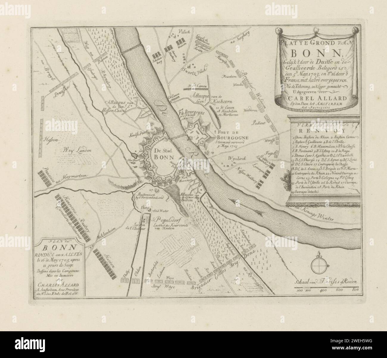 Siege of Bonn, 1703 - 1733 print Siege of the German city of Bonn by the Allies from 5 May and intake after surrender by the French on 15 (or 16) May 1703. Map with a map of the reinforcements around the city and the positions of the besieging troops. With texts in Dutch and French. The print is part of an album.  paper etching maps of cities. siege, position war Bonn Stock Photo