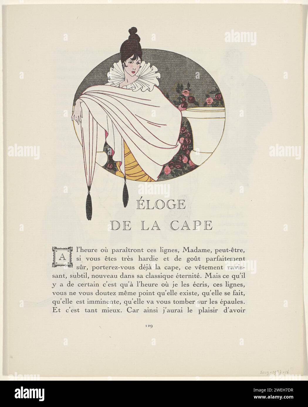 Gazette du Bon Ton, 1914 - No. 4: ëloge de la Cape, 1914  Text with illustration of woman with white cape. P. 129 in Gazette du Bon Ton 1914, No. 4, p. 124  paper letterpress printing fashion plates. Stock Photo