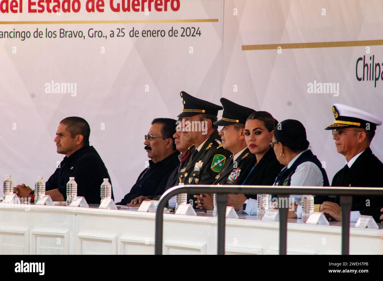 Chilpancingo, Guerrero, Mexico. 25th Jan, 2024. Rolando Solano Rivera  protests the position of Secretary of Public Security of Guerrero in the  executive branch, surrounded by armed soldiers in a solemn civil ceremony