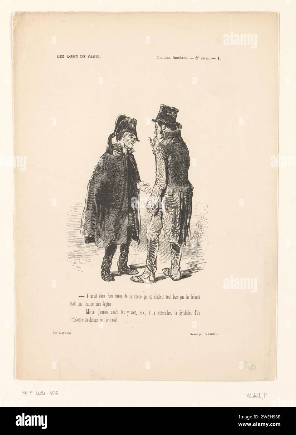 Two men in conversation, Pierre Verdeil, After Paul Gavarni, 1846 print At the top right: Oraisons Funébres. - 2nd Série. - 1. With four -line caption in French.  paper letterpress printing conversation, dialogue; conversation piece. head-gear: hat. coat, cape Paris Stock Photo