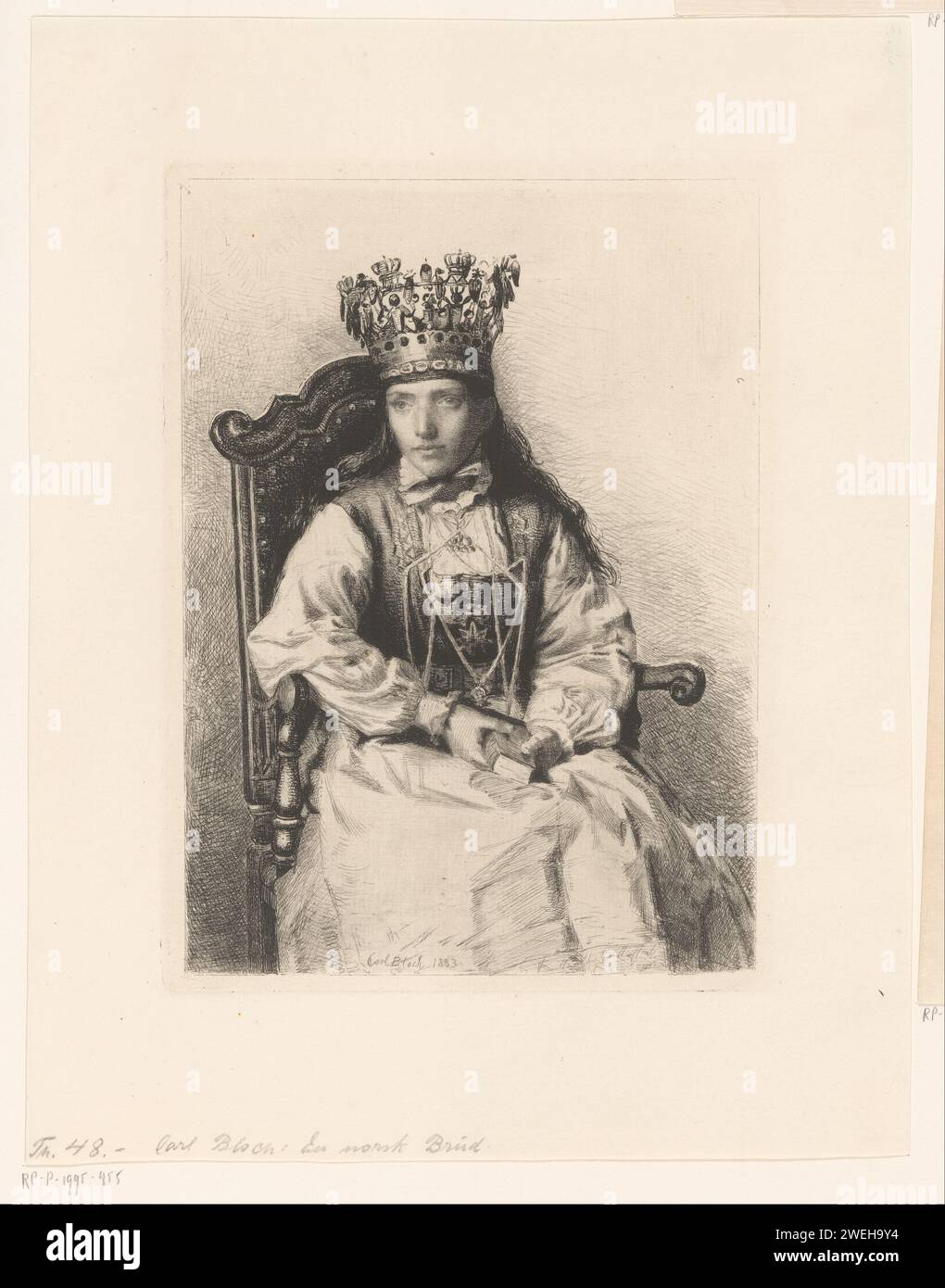 Norwegian bride with wedding crown, Carl Bloch, 1883 print A Norwegian bride. Kneepiece, three of whom were sitting right in an railing chair, a wedding crown on the head and a church book in the hands of the head and face.  paper etching / drypoint bride (in wedding-dress). folk costume, regional costume Stock Photo