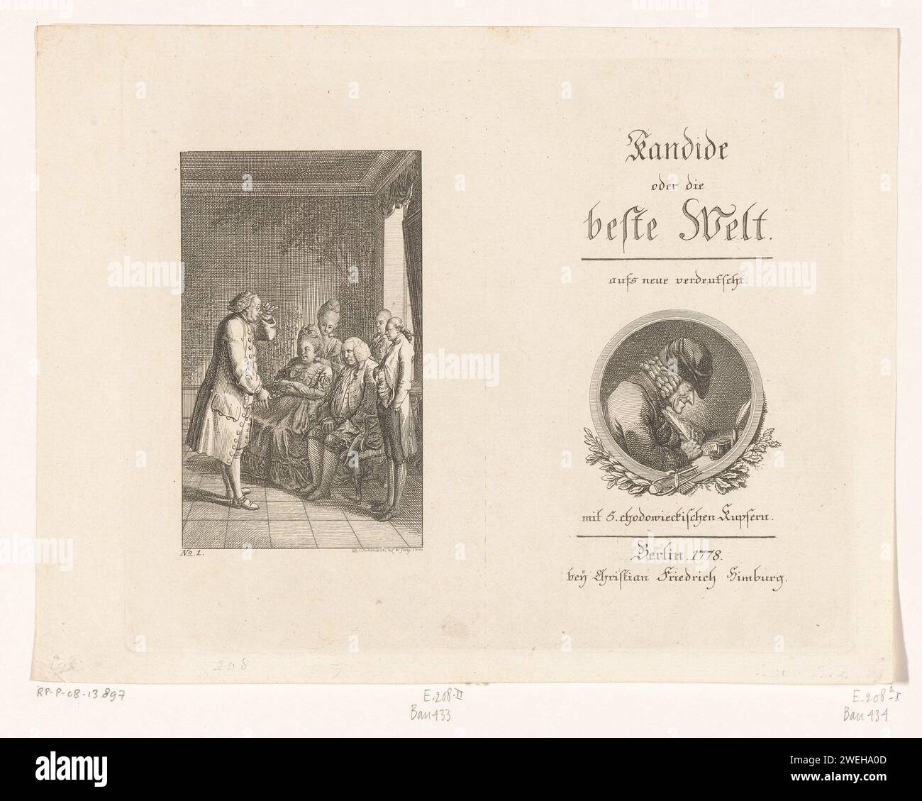 Pangloss for Candide and the Baron family, Daniel Nikolaus Chodowiecki, 1778 print On the left an interior with a baron Thunder ten Tronck with his wife sitting on a couch. On the right in front of the bank is Candide, the illegal son of the Baron sister and a Landjonker. Behind the son of the Baron and his daughter, Kunigunde. In front of the company is a Pangloss teacher who symbolizes the philosopher Gottfried Wilhelm Leibniz in the story. Nummered in the bottom left: No. 1. In addition, a title page with the Writing Voltaire as vignette.  paper etching Literature. teacher and pupil. author Stock Photo