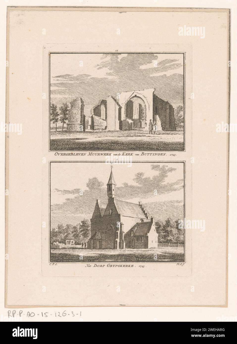 View of the ruins of the church in Butinge and face to the church in Grijpskerke, 1743, Hendrik Spilman, After Cornelis Pronk, 1754 - 1792 print Above a face on the ruin of the church in Buttinge. Under a face on the church in Grijpskerke. Both in the situation around 1743.  paper etching ruin of church, monastery, etc.. church (exterior) Buttinge. Grijpskerke Stock Photo