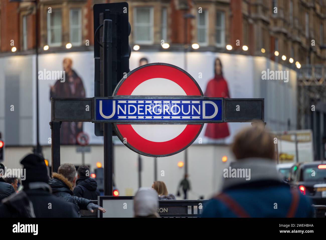 LONDON, ENGLAND UK - JANUARY 21, 2024: London underground station entrance, Symbol Stock Photo