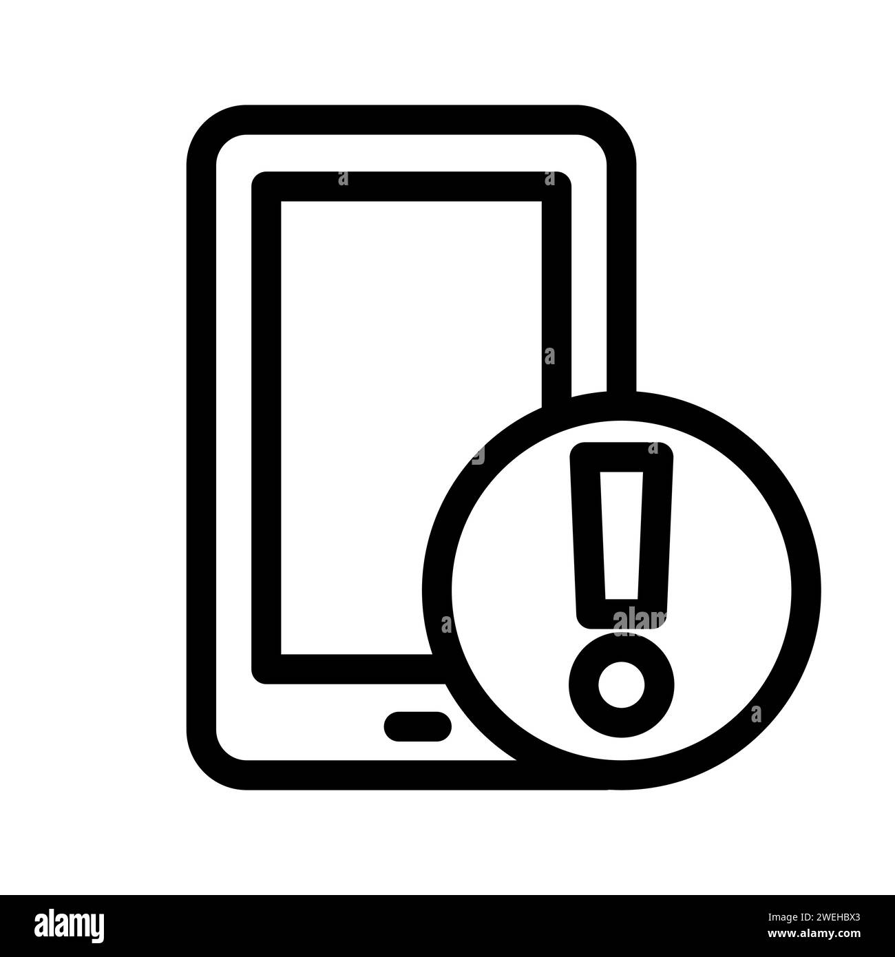 Vector black line icon warning sign on phone isolated on white background Stock Vector Image
