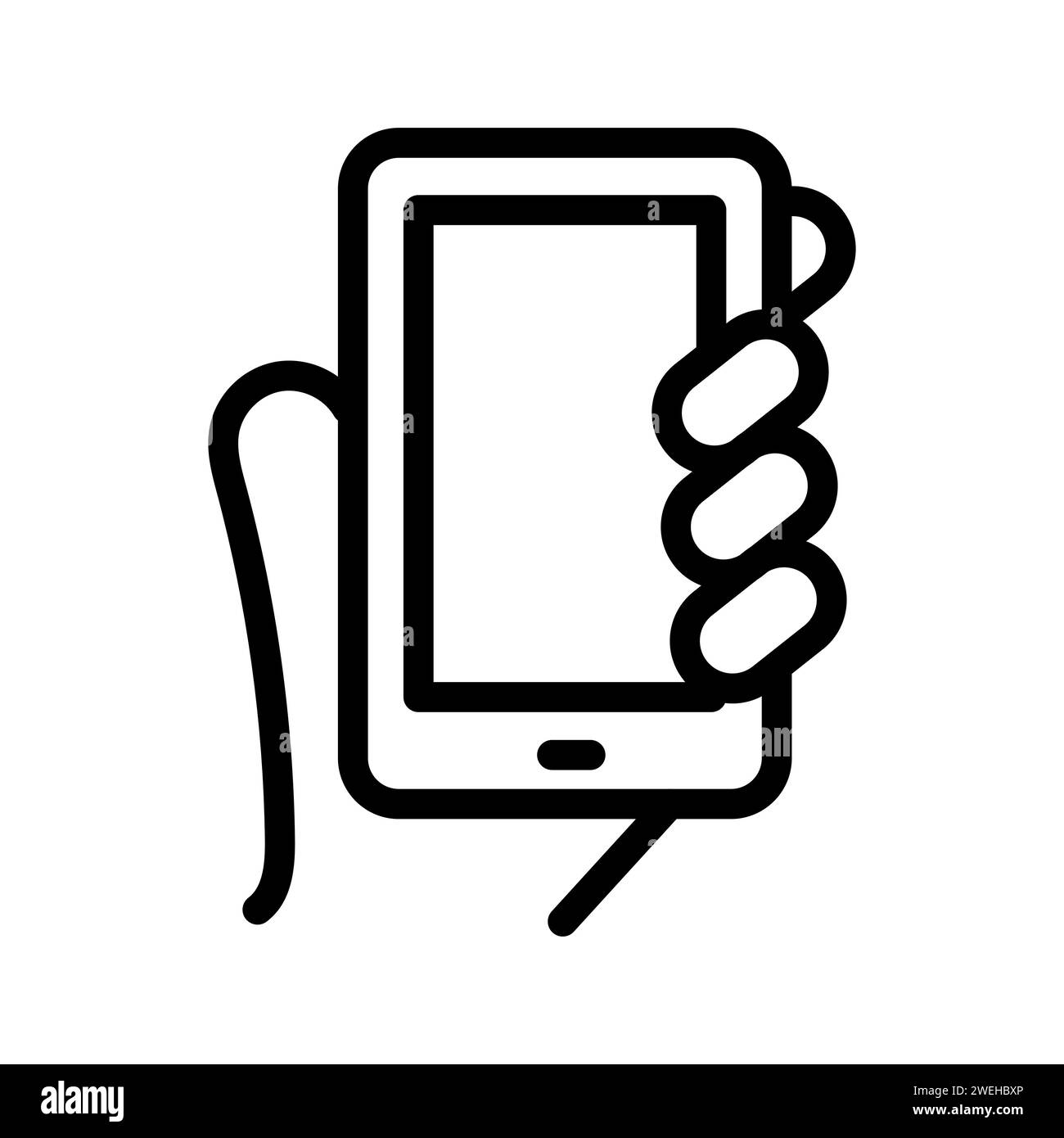 Vector black line icon hand holding phone isolated on white background ...