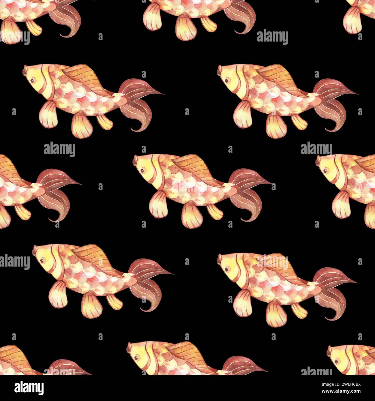 Seamless pattern. Chinese carp are red and yellow in color with large fins on a dark background. All elements are hand-painted with watercolors. Stock Photo
