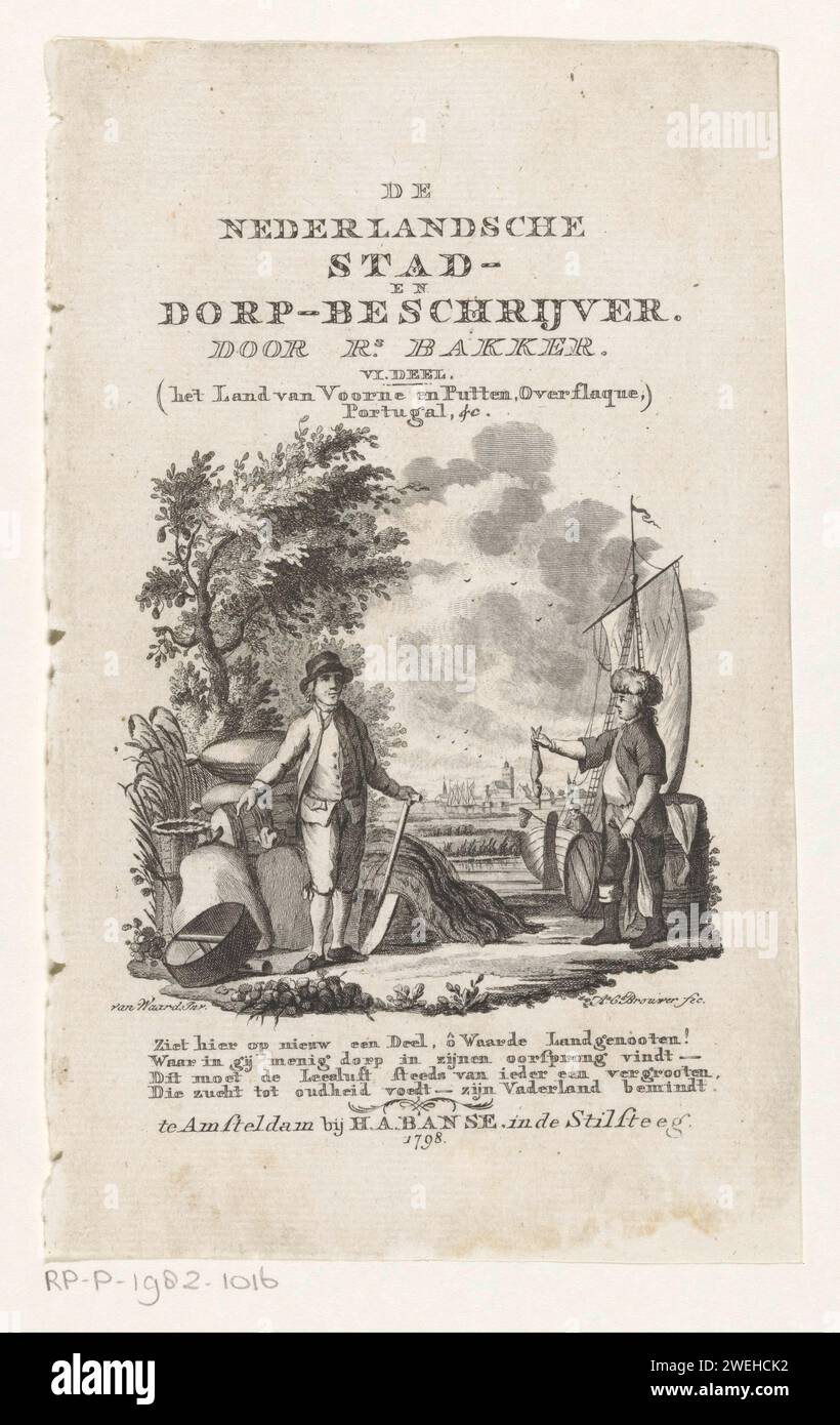 Allegory on Voorne-Putten, Overflakkee and Poortugaal, Anna Catharina Brouwer, After Christiaan van Waardt, 1798 print A man with shovel stands on a bank next to merchandise. On the right a man with fur hat shows him a fish. A four -line Dutch text in the lower margin.  paper etching cities represented allegorically or symbolically Voorne-Putten. Goeree-Overflakkee. Gatebread Stock Photo