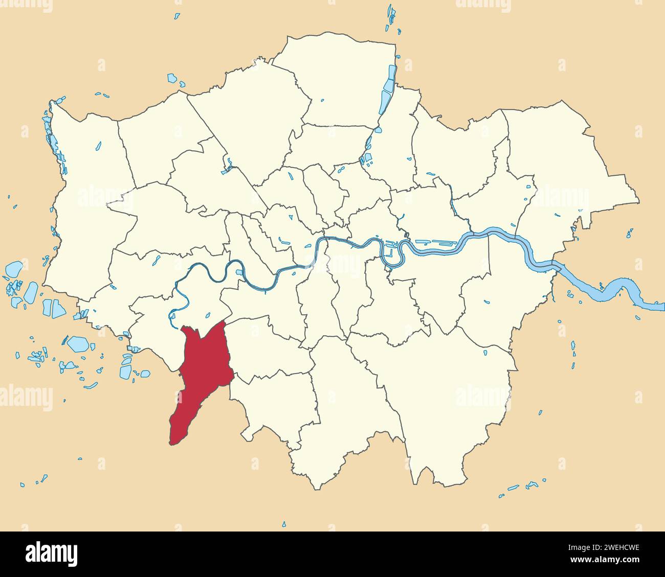 Red location map of the ROYAL BOROUGH OF KINGSTON UPON THAMES, LONDON Stock Vector