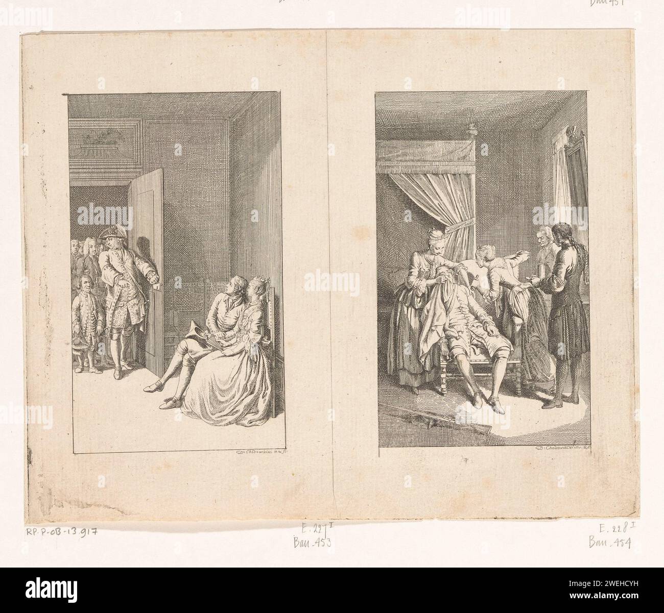 Twee scènes uit life, comments and opinions Johann Bunkels, Daniel Nikolaus Chodowiecki, 1778 print On the left, John Buncle is in conversation with Miss Spence in a spa town of Harrogate. They are disturbed by a group of Irish friends of John Buncle. Among them is Mr. Mackins that is only four feet high. On the right a scene from the life story of Alvarez Douror. Looking for Belvidera Dellon, his kidnapped fiancé, he ends up in a house with an enchanted garden where he collapsed on a couch. Operating bring him inside and when he recovers he looks into the eyes of his loved one.  paper etching Stock Photo