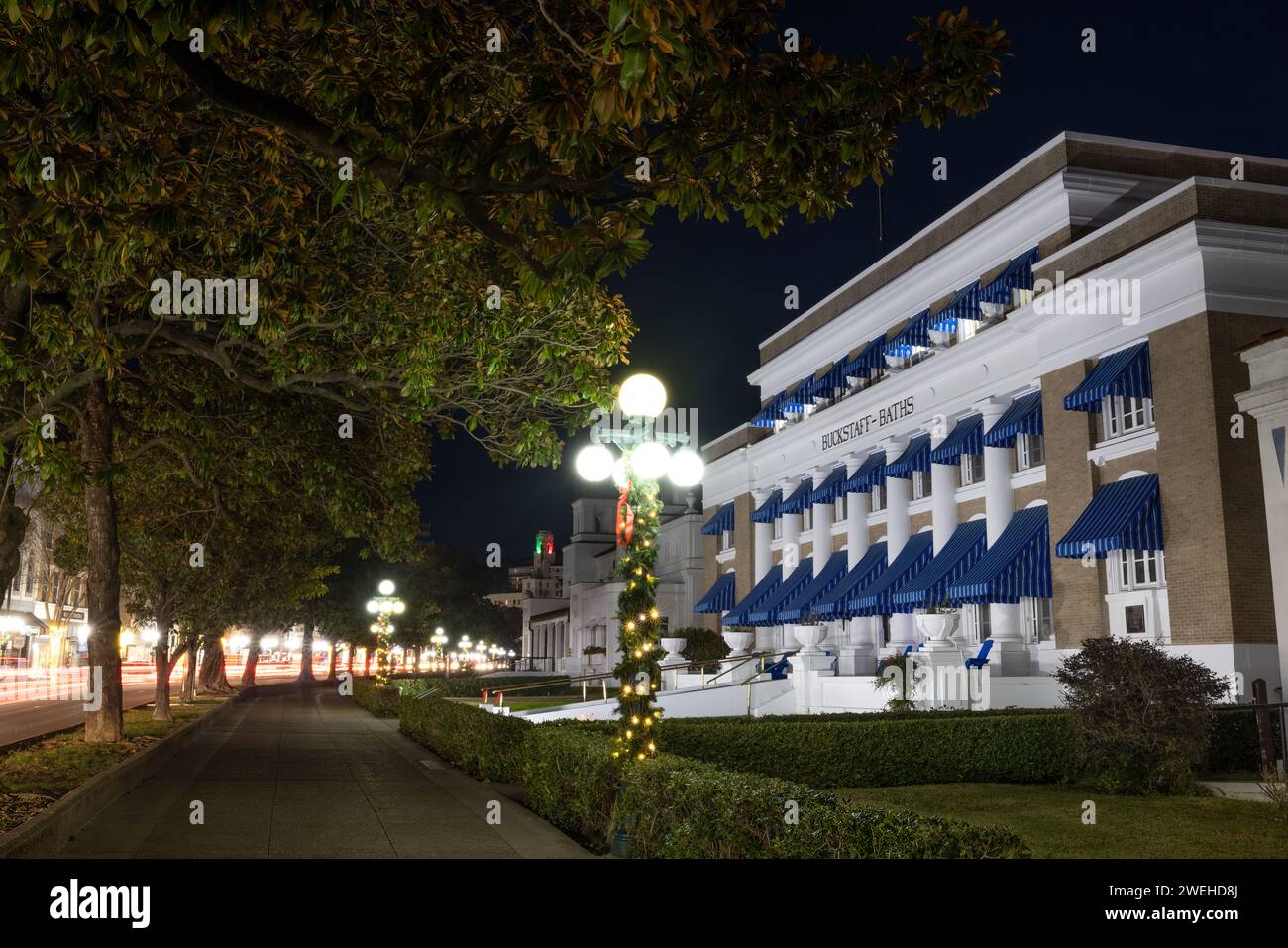 Buckstaff Baths at night at Christmas, Hot Springs National Park, Hot Springs, Arkansas Stock Photo