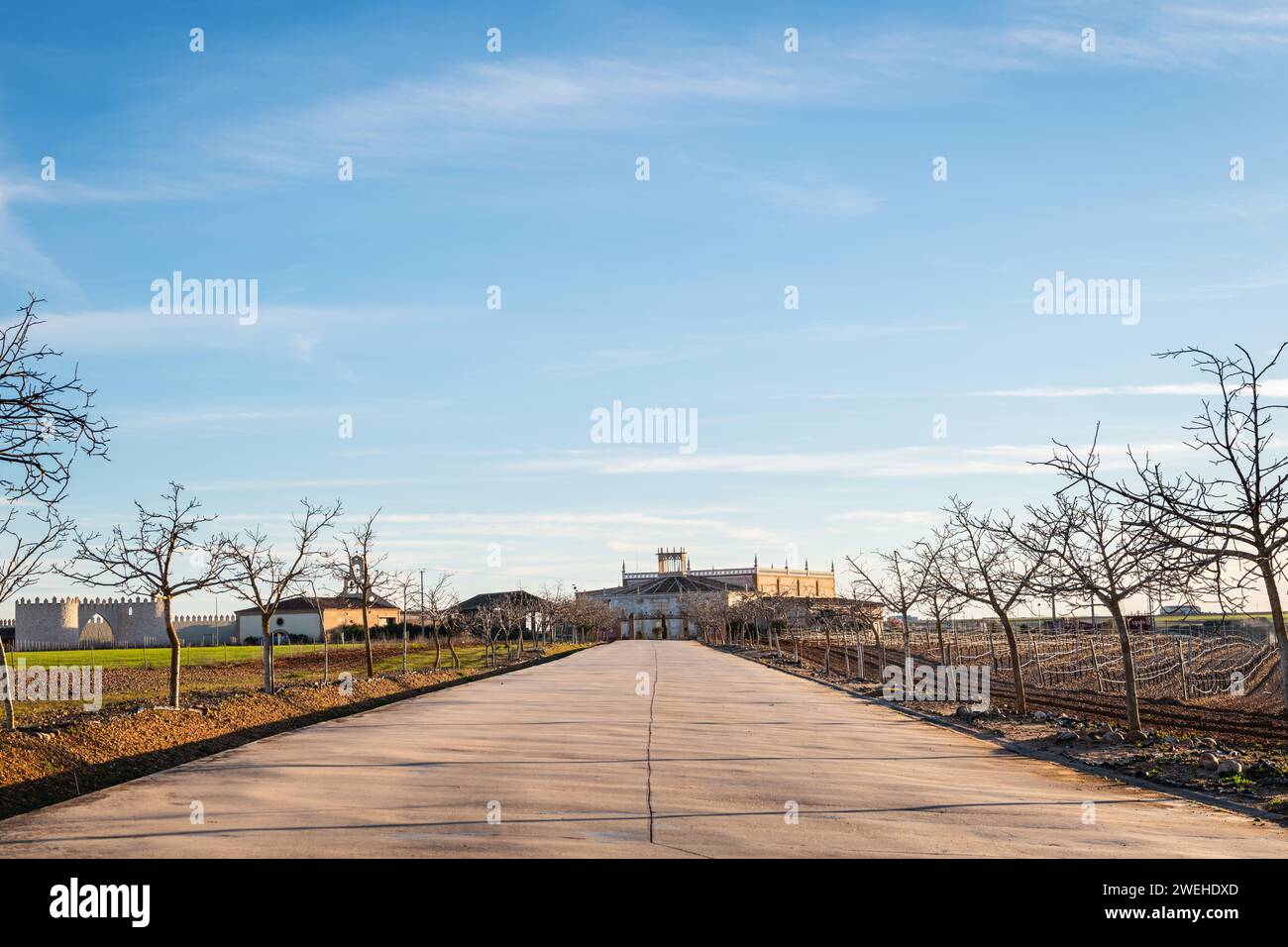 Low-angle view of the entrance to a winery in the outskirts of the Spanish town of Rueda in Valladolid, famous for its vineyards and wines. Stock Photo