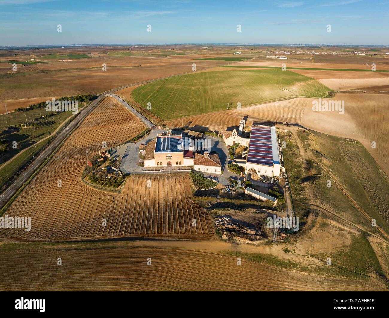 Aerial view of a winery in the outskirts of the Spanish town of Rueda in Valladolid, famous for its vineyards and wines. Stock Photo