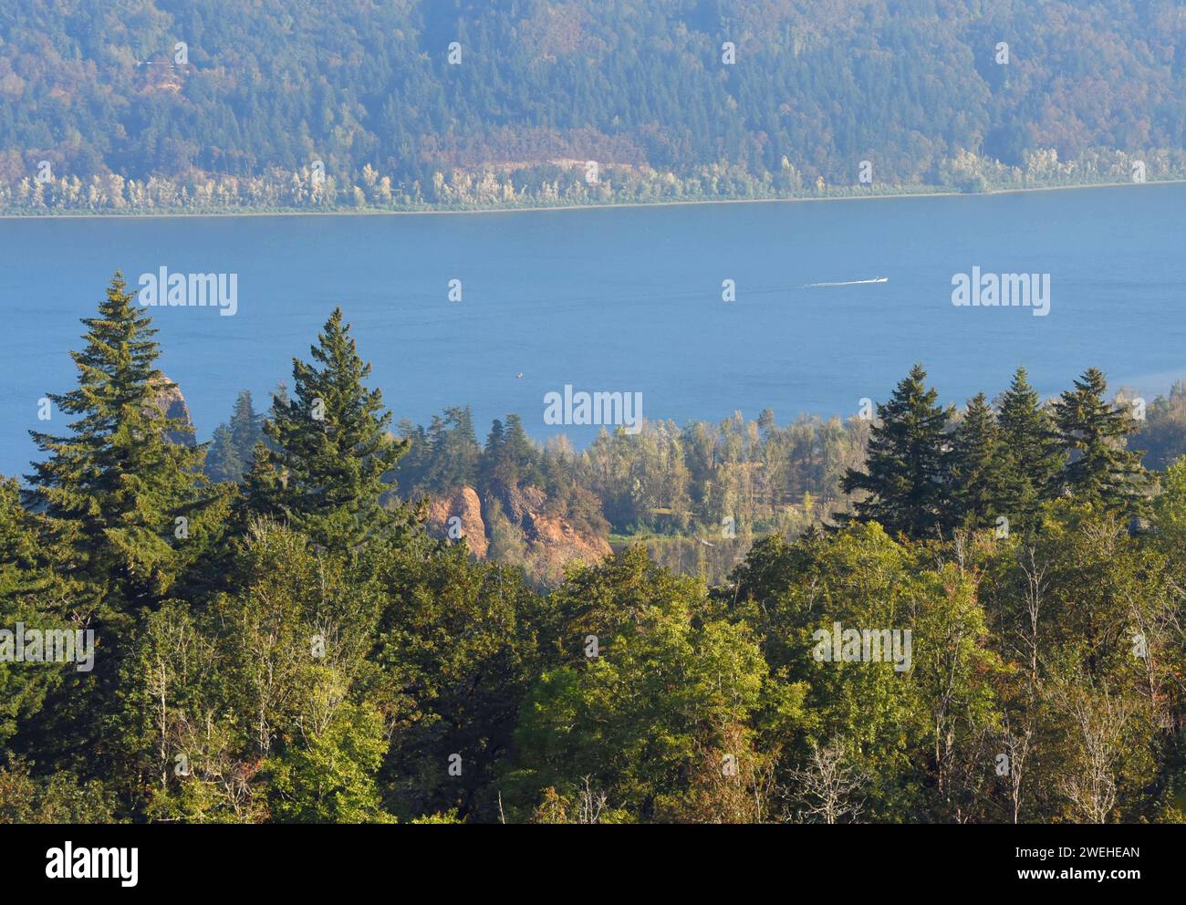 Vista showing the Columbia River and Gorge.  Boat traverses surface at high speed.  Overview is in Oregon. Stock Photo