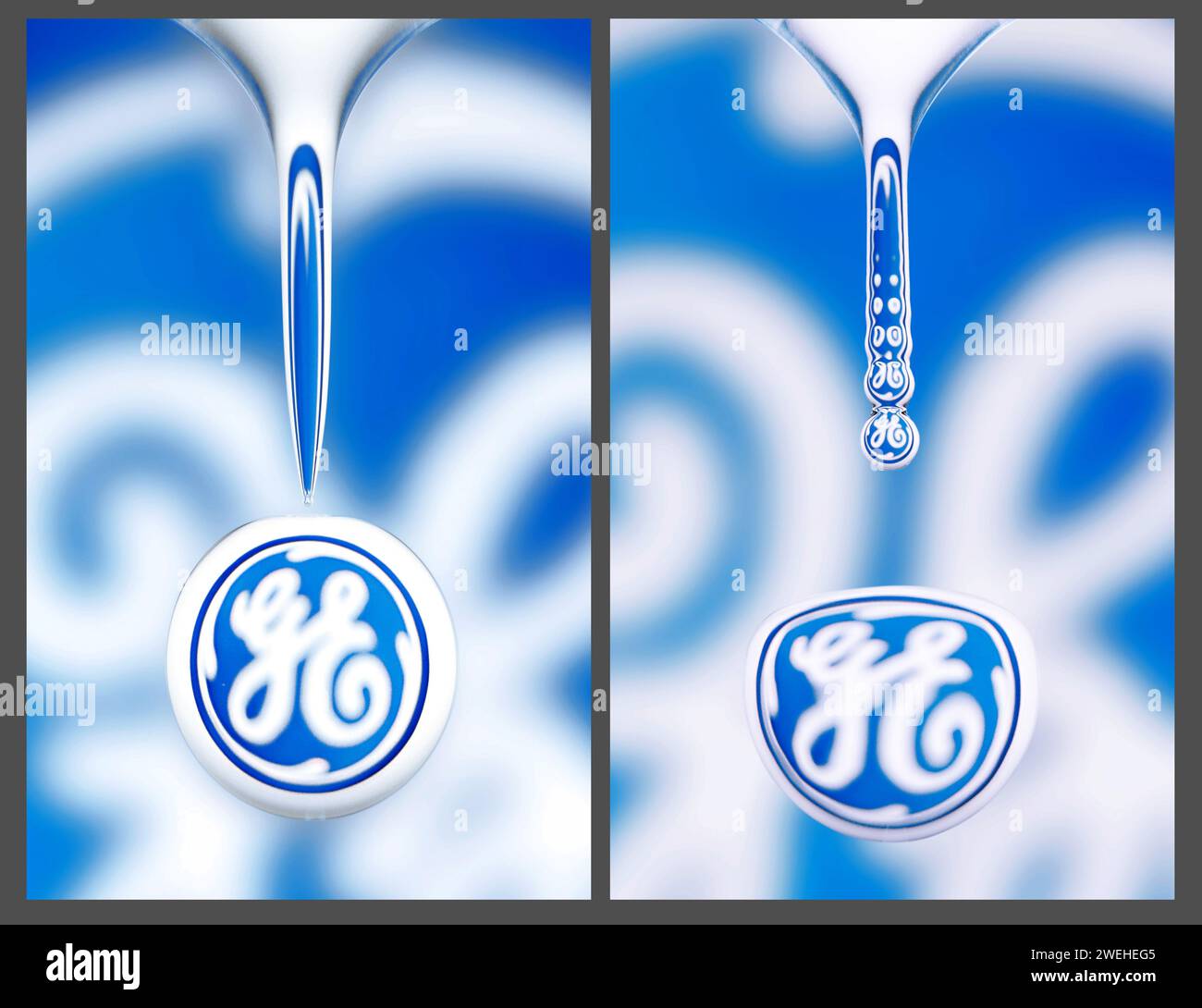 macro shot of a drop of water dripping, the General Electrics logo is reflected in the drop Stock Photo
