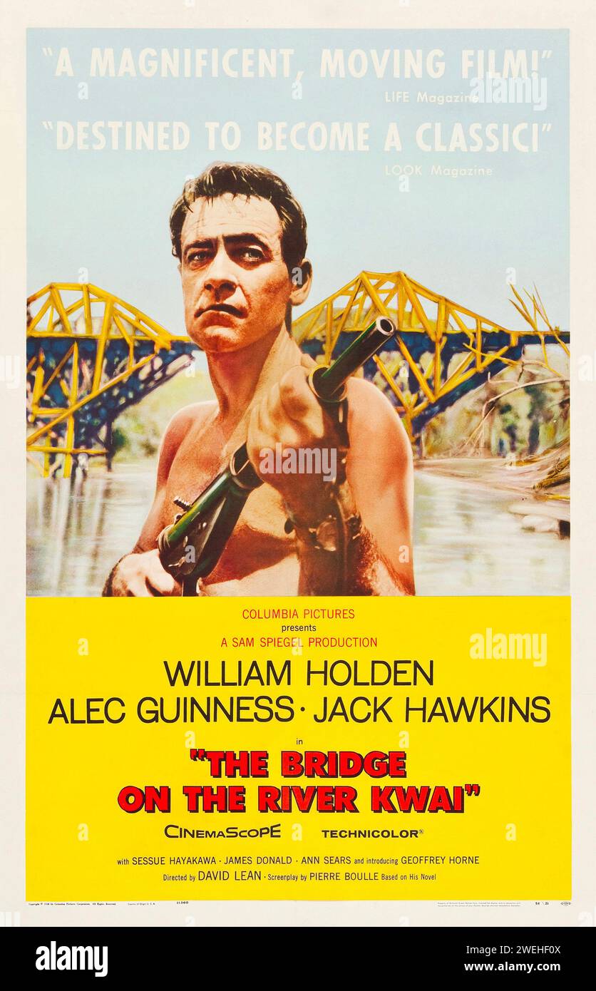 'Style B' poster for the US theatrical release of the 1957 film The Bridge on the River Kwai feat. William Holden, Alec Guinness, Jack Hawkins Stock Photo