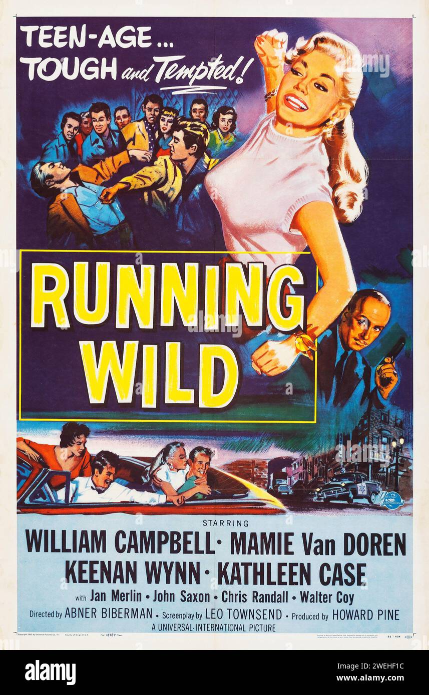 1950s movie poster - Running Wild (Universal International, 1955) William Campbell, Mamie Van Doren, Keenan Wynn, Kathleen Case Stock Photo