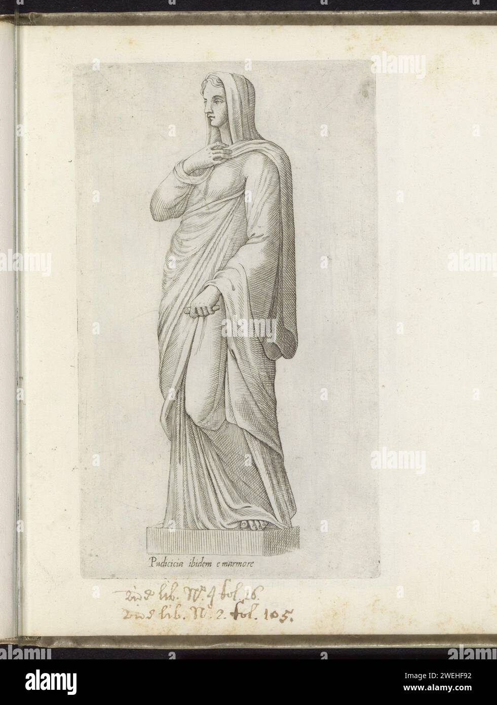 Sculpture of Pudicitia, Anonymous, 1600 - 1699 print Caption in Latin. Print is part of an album.  paper engraving piece of sculpture, reproduction of a piece of sculpture. Pudicitia as Roman personification Stock Photo