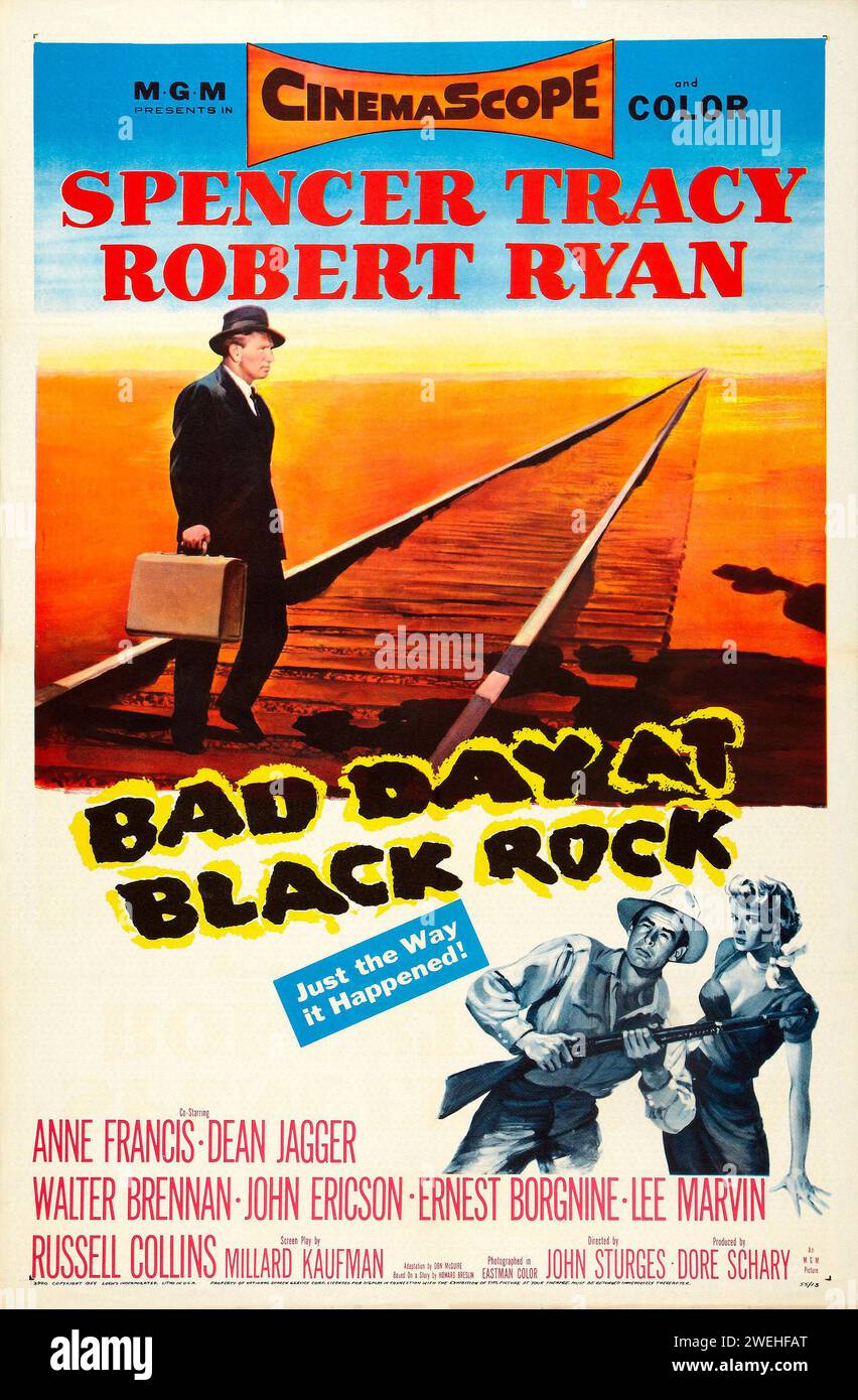 Theatrical release poster for the 1955 film Bad Day at Black Rock feat Spencer Tracy and Robert Ryan Stock Photo