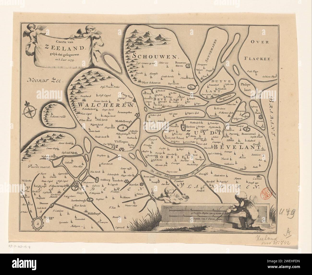 Map of Zeeland and Flanders, 1274, Anonymous, 1696 - 1728 print Map of Zeeland and Flanders as the area would have looked in 1274, at the time of Count Guido van Dampierre. At the top left the title cartouche. At the bottom right a cartouche with two scale sticks: 4 Duytsche Meylen of 15 in a Graedt; scaling from 6 o'clock gaens.  paper engraving / etching maps of separate countries or regions. instruments used in geodesy, surveying instruments Zeeland Stock Photo