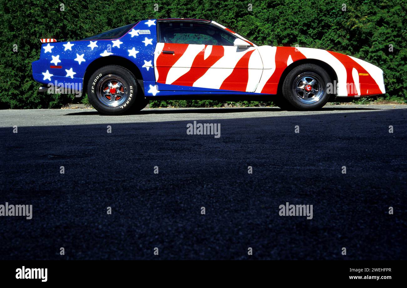 us american muscle car painted with the us national flag, USA Stock Photo