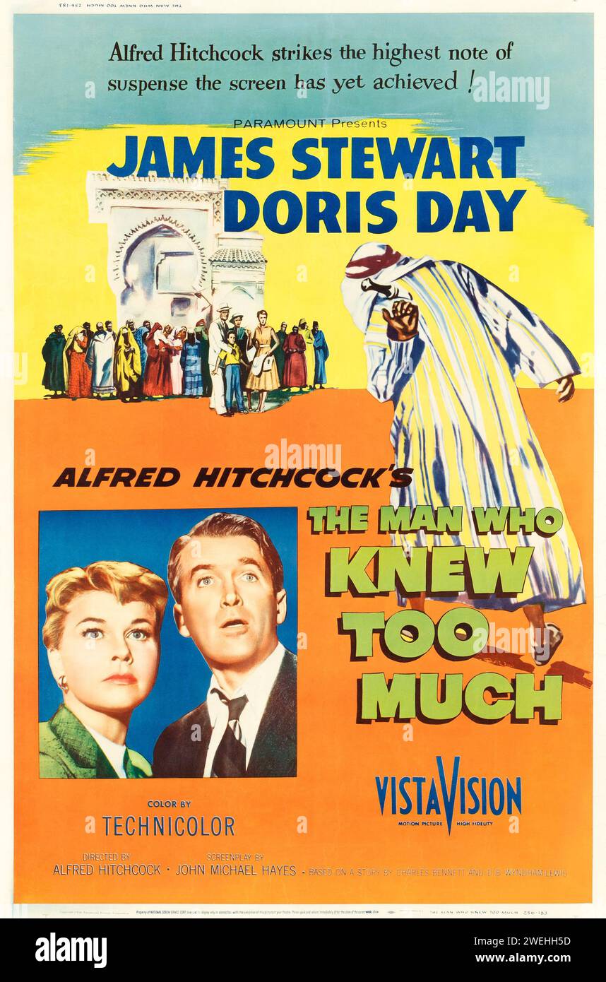 Old film poster - The Man Who Knew Too Much (Paramount, 1956) Doris Day and James Stewart - Directed by Alfred Hitchcock Stock Photo